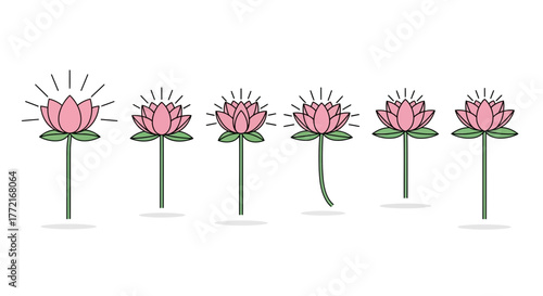 Set of six minimalist pink lotus flower illustrations with radiating light lines and green stems.
