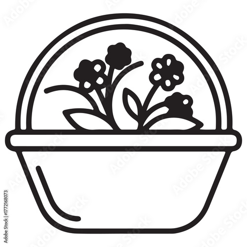 Graphic Line Art Icon of Potted Flowers in a Round Container