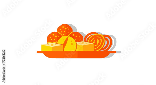 A vibrant platter of Indian sweets featuring Laddu Barfi and Jalebi in a flat vector style.