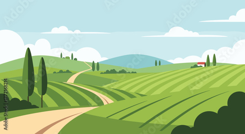 A picturesque illustration of a vibrant Tuscan landscape with rolling green hills, a winding dirt road, cypress trees, and a distant farmhouse.
