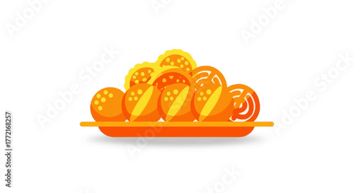 Vibrant vector illustration of a plate filled with various orange and yellow fried snacks featuring round balls and scalloped pastries.