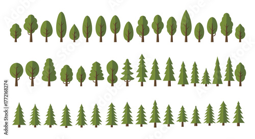 A collection of various cartoon trees with different shapes and sizes, including both broadleaf and coniferous types, in a flat design style.