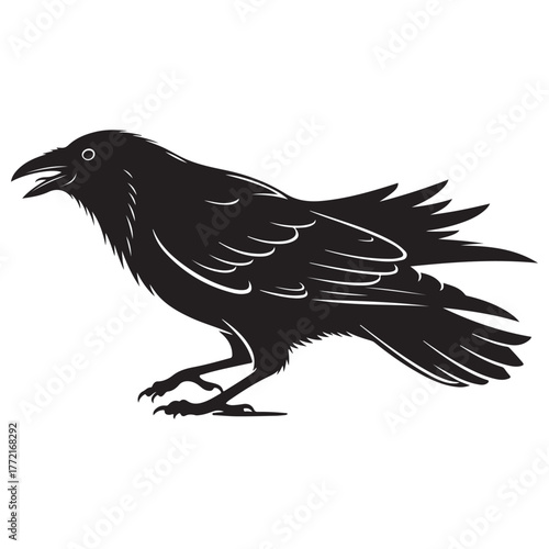 Classic Black Crow Vector Silhouette, Minimalist Bird Illustration, White Background