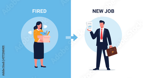 Depicting the process of transitioning from unemployment after being fired to the excitement of starting a new professional role.