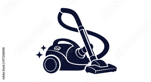 A dark blue vector icon of a modern canister vacuum cleaner with a hose and floor attachment, symbolizing cleanliness and efficient household chores.