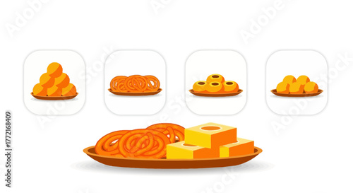 Vector illustration set of popular Indian sweets Mithai including Jalebi Laddu and Barfi served on platters.