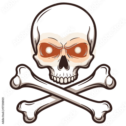 Cartoon Skull Crossbones Symbol with Intense Glowing Eyes Vector Art