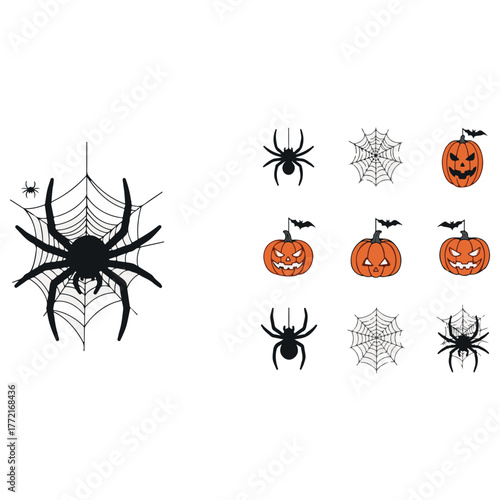 Cartoon Halloween Icons: Spiders, Jack-o'-Lanterns, Spiderwebs Collection