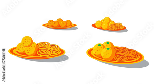 Colorful Indian Sweets on Orange Plates Vector Illustration Isolated.