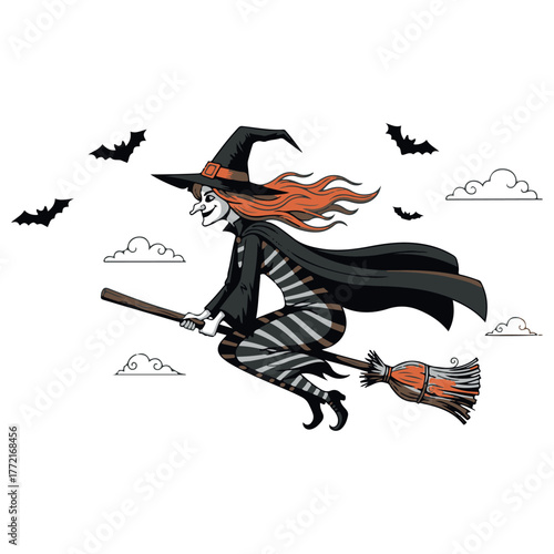 Classic Cartoon Witch Flying Broomstick with Bats and Clouds