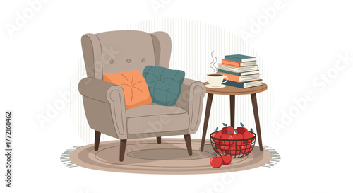 Cozy reading nook with an inviting armchair, warm pillows, a steaming cup of coffee, a stack of books, and fresh apples.