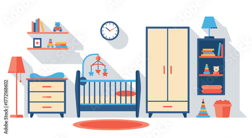 A modern baby nursery room in flat design, featuring a crib, changing table, wardrobe, and various infant essentials.