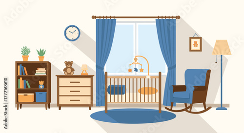 A peaceful and cozy baby room in a modern flat design style, featuring a crib, rocking chair, dresser, and bookshelf for a newborn.