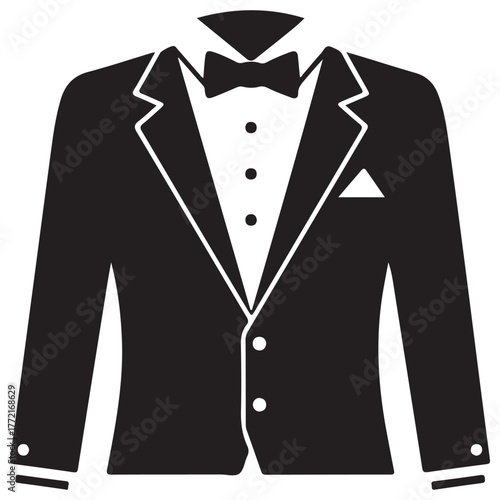 Black Tuxedo Suit Icon with Bow Tie and Pocket Square Vector Graphic