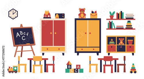 An inviting and organized children's room with educational tools and toys, ready for young learners.