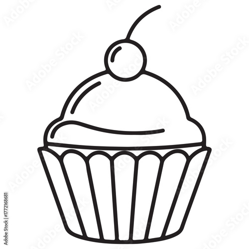 Simple Outline Cupcake Icon with Cherry Topping in Monochrome Style
