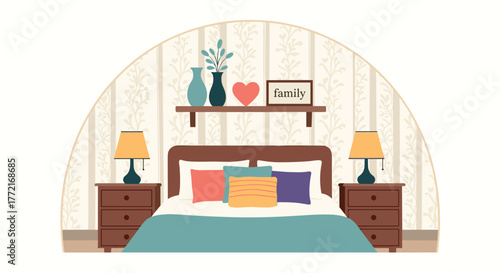 A cozy and inviting bedroom interior with a comfortable bed, nightstands, lamps, and decorative elements on a shelf, all set against a patterned wallpaper.