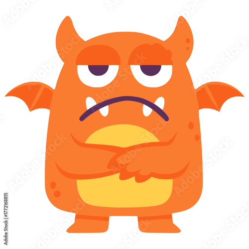 cute funny orange monster with wings cartoon character flat color vector illustration template design