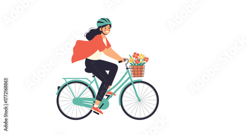 Smiling young woman wearing a helmet and a red jacket happily rides a light blue bicycle with a front basket full of vibrant flowers.