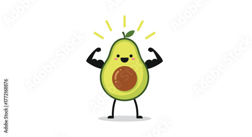 A cheerful cartoon avocado flexing its bicep muscles, radiating energy and symbolizing health and fitness.