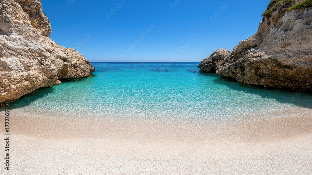 Fototapeta premium Tranquil sandy cove with clear turquoise water and rocky cliffs under bright blue sky