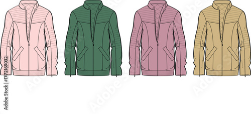 Four Stylish Jackets in Various Colors Pink, Green, Rose, and Tan, for Fashion and Apparel Designs