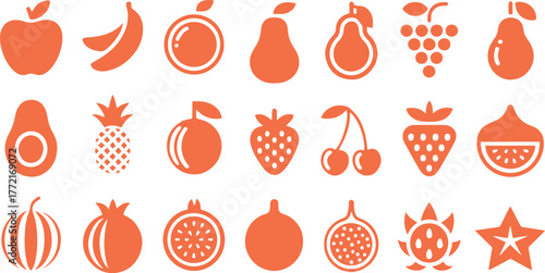 Fruits and Berries Silhouette Icon Set – Apple, Banana, Orange, Lemon, Grape, Pineapple, Coconut, Cherry, Strawberry, Healthy Fresh Organic Nutrition, Vector Illustration