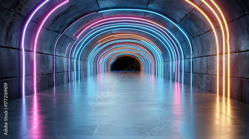 Vibrant neon tunnel with glowing arches creates mesmerizing perspective and depth