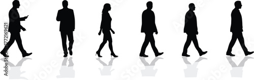 Black silhouettes of people walking with reflections on white background woman