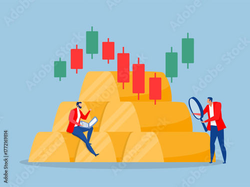 businessman success wealth manager, trader or rich investor sitting on stack of gold bar bullion Stock market trader, technical analysis to buy and sell stock to earn profit, investment vector