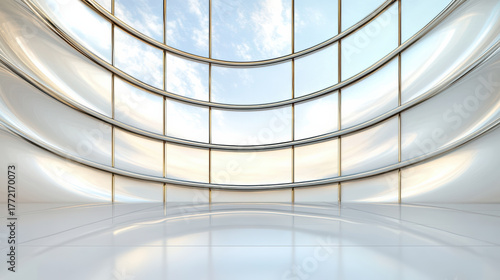 Sleek modern interior with curved walls and large windows reflecting sky