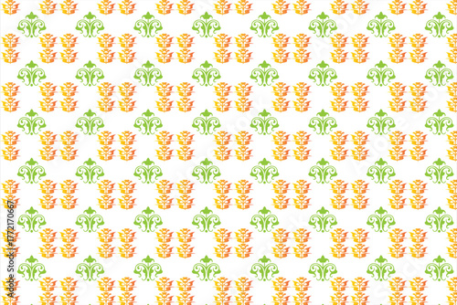 Dark Green Seamless Pattern with Stylized Floral Scroll Motifs and Colorful Dots