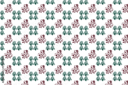Modern Geometric Floral Abstract Seamless Pattern in Teal and Maroon on White