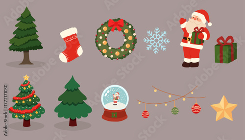 Cute Christmas Decoration Illustration with Santa Tree Ornaments Snowflake Wreath and Gift Boxes in Festive Holiday Colors