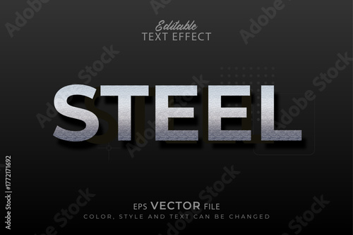 Steel Vector Text Effect, metallic font with a textured, reflective surface against a dark gray background.