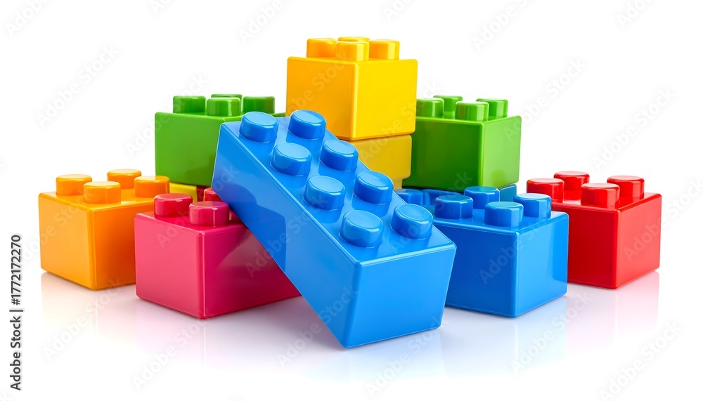 Obraz premium A vibrant pile of colorful plastic construction toy bricks