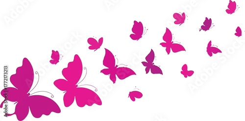 Magenta butterflies in flight on a white background create a sense of freedom