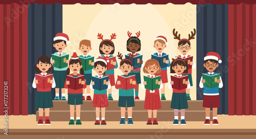 A charming flat design illustration depicting primary school children on stage, joyfully singing Christmas carols during a festive school event. 