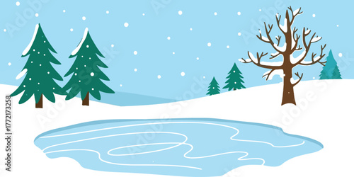 Snowy winter landscape with frozen pond and evergreen trees in a cartoon style