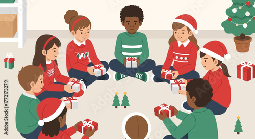 This flat design vector illustrates a heartwarming scene of diverse primary school children joyfully exchanging Christmas gifts in their classroom, emphasizing friendship and the spirit of giving. 