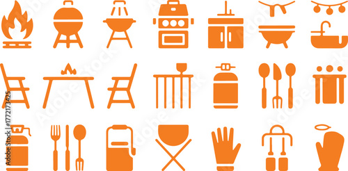 Backyard Firepit Outdoor Features Silhouette Icon Set – Kitchen, Patio, Fireplace, Chiminea, Pizza Oven, Firewood, Propane Tank, Vector Illustration