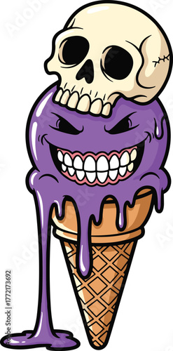 "Eerie surreal ice cream cone illustration with skull, creepy purple monster scoop, horror fantasy artwork, melting dessert vector, spooky macabre design"