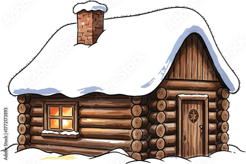 Cozy log cabin covered in snow with warm light glowing from the window pane