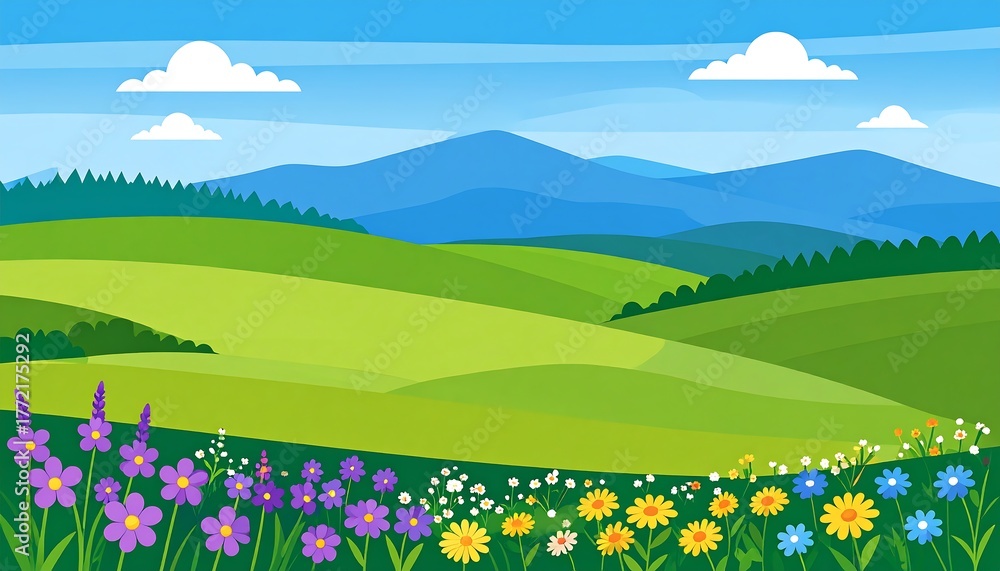 Fototapeta premium Cartoon landscape of rolling hills and wildflowers
