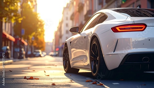 A sleek, white sports coupe is parked on a sun-drenched city street with autumn leaves, angled from the rear