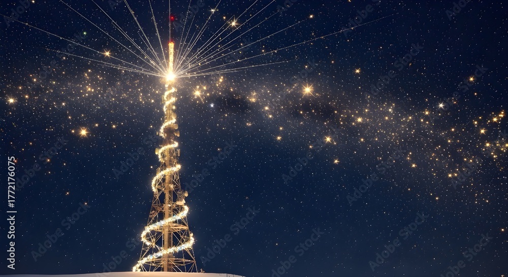 Obraz premium Telecom tower at midnight with soft snow, glowing wireless signals, Christmas stars, and aurora glow — magical festive communication scene.