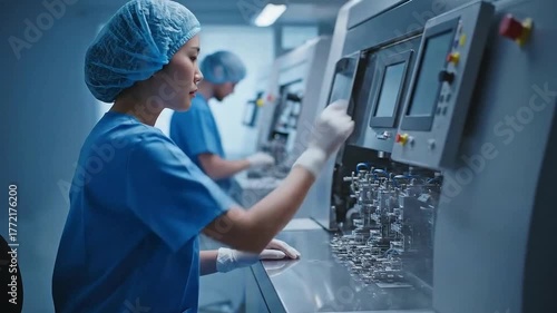 Wallpaper Mural Asian female technician in blue scrubs and cap works with advanced pharmaceutical manufacturing equipment in a cleanroom Torontodigital.ca