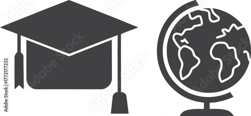 Graduation cap and globe icons representing education and global learning