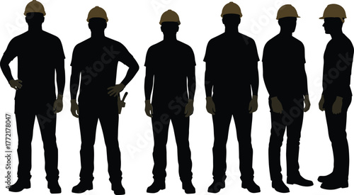 Six Silhouetted Construction Workers Wearing Hard Hats and Gloves male