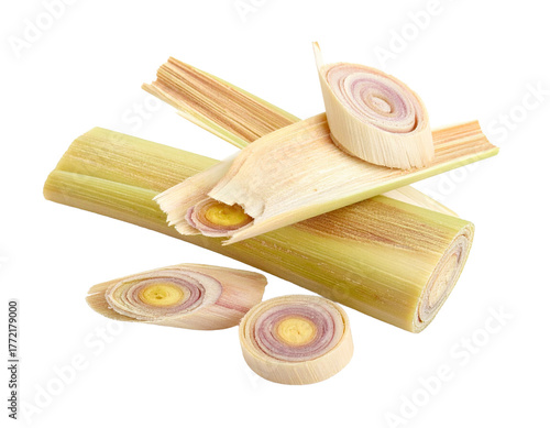 Dried Lemongrass Stalk and Slices Isolated on White